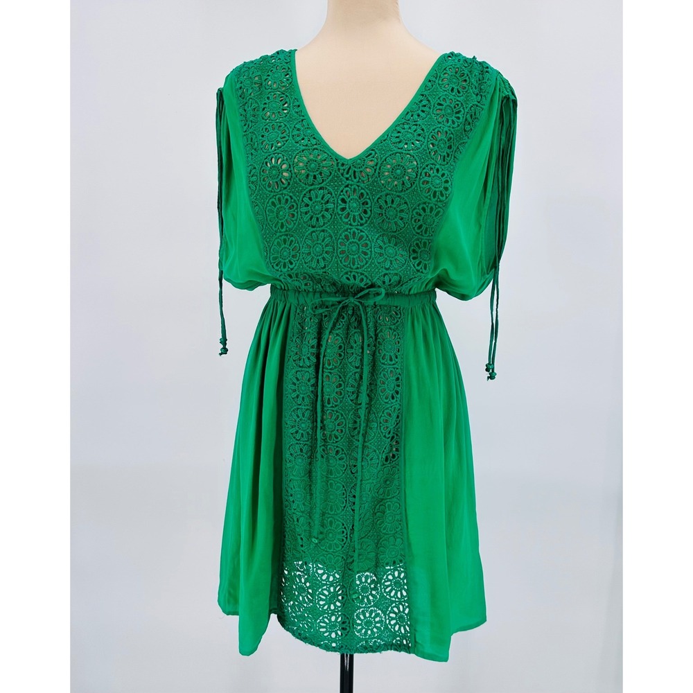Plenty by Tracy Reese‎ Green Silk Lace Crochet V-Neck Drawstring Dress Small